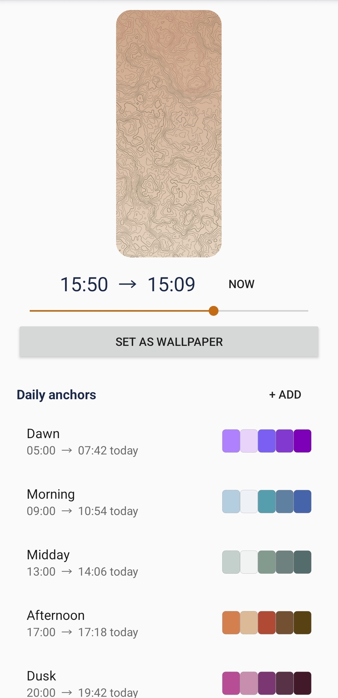 Contour settings screen, with a wallpaper preview, a time slider, and a list of daily color anchors (dawn, morning, midday, afternoon, dusk)