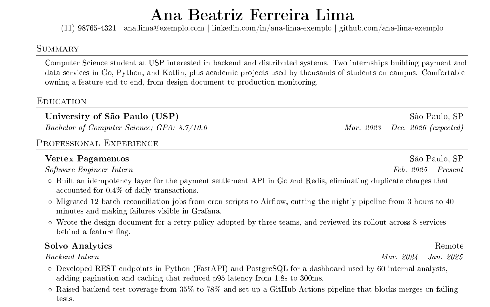 Top of the compiled example resume, showing the header, summary, education and professional experience sections